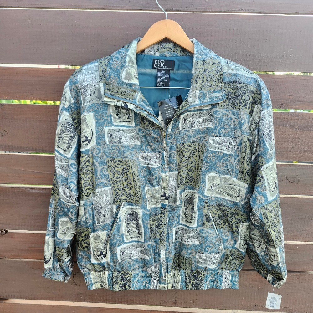 Vintage 90s EVR 100% Silk Bomber Jacket M Abstract Print Deadstock NWT Oversized